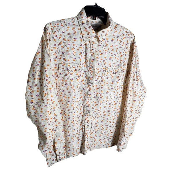 Wrangler Tops - Women's XXL Western Wrangler Pearl Snap Shirt Floral White Pink Orange Cotton